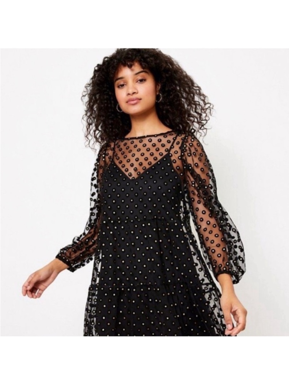 LOFT Black Sheer Polka Dot Long Sleeve Dress